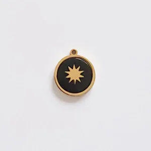 Pendentif Rond Noir Étoile en Acier Doré et Émail